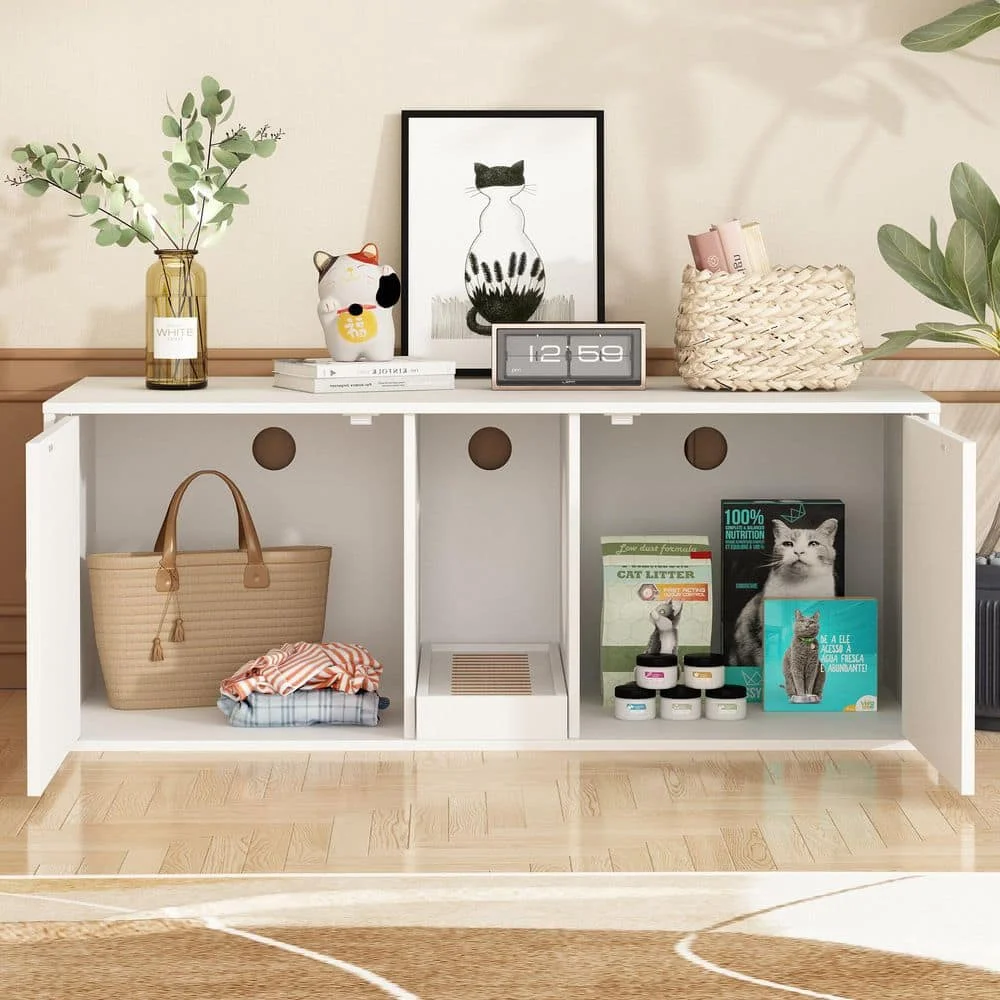 حاوية صندوق القمامة مع بابين من السيزال، صندوق فضلات القطط الخشبي المخفي، خزانة تخزين الحمام، طاولة نهاية المقعد