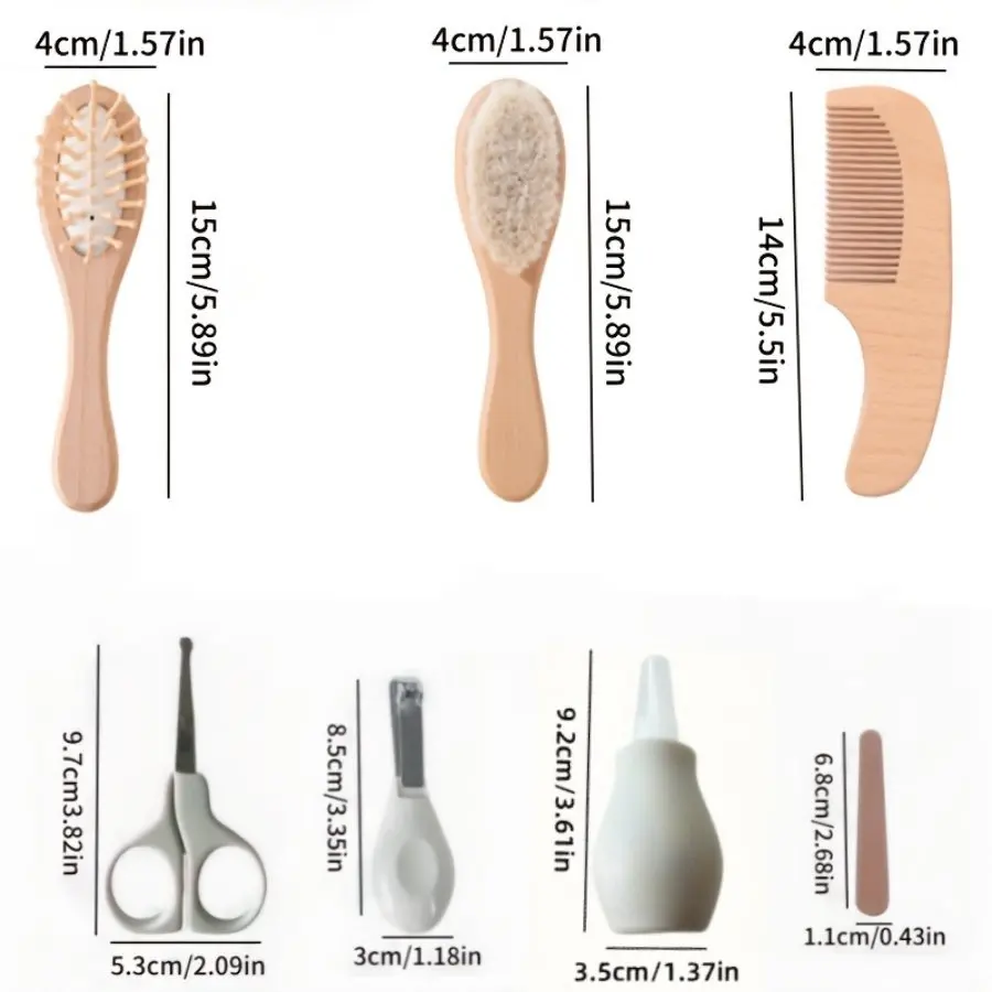 7 Pcs 0-3 Years Old Baby Daily Care Set - Multi-functional Wooden Comb and Nail Clipper for Cleaning, Skincare and Care.