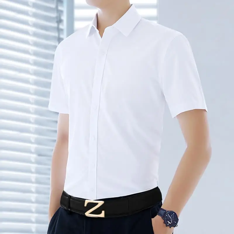 Smart Casual Men Clothing Summer Solid Smooth Shirt Versatile Breasted Thin Lapel Business Office Social New Short Sleeve Tops