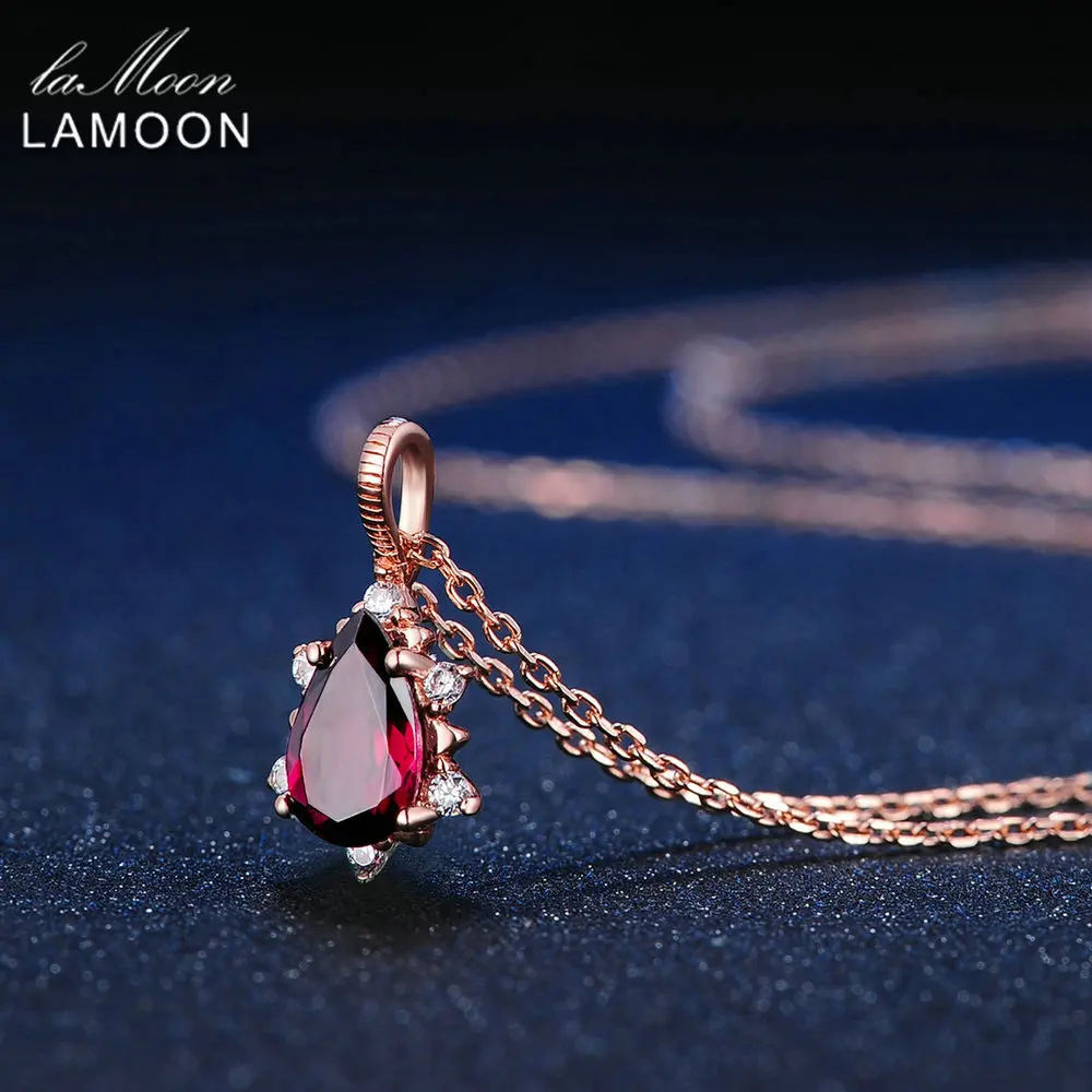 LAMOON 925 Sterling Silver Necklace Teardrop Garnet Pyrope Gemstone Pendant Necklace 18K Rose Gold Plated Fine Jewelry LMNI024