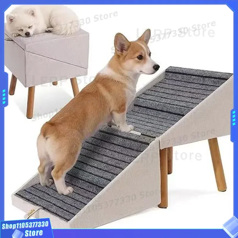 Wooden Dog Stairs Ramp Non Slip Pet Steps for Small Dogs Adjustable Height Indoor Footstool Dual Purpose Slope for Couch Bed