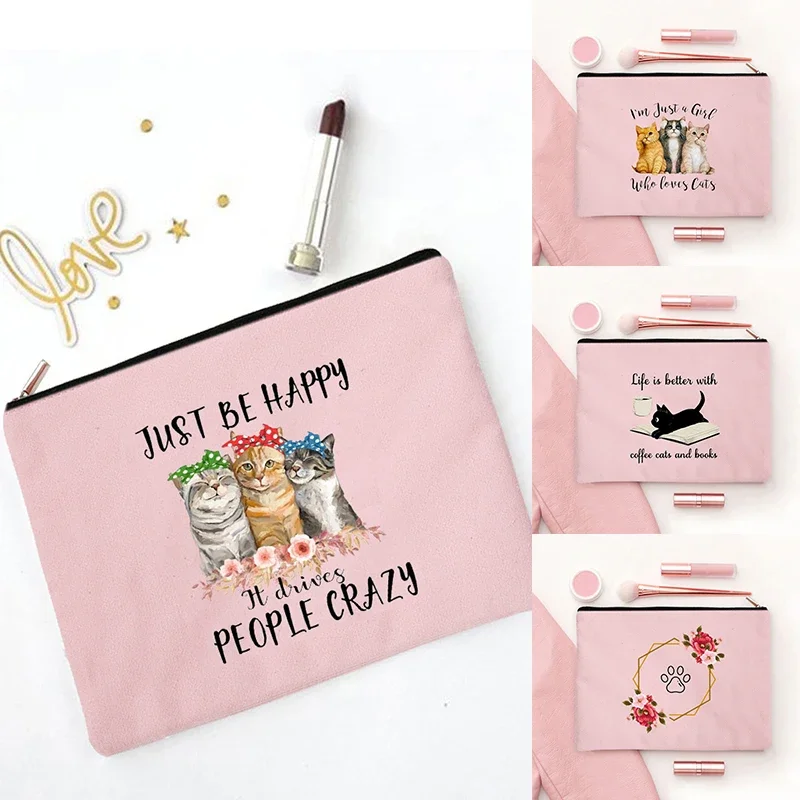 Bolsa de maquillaje de lona rosa con Ilustración de libro de gatos, caja de almacenamiento para lápices labiales de viaje, estilo de dibujos animados, a la moda