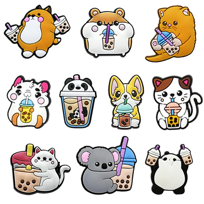 

Sale 1Pcs Cute Milk Tea Cat Shoe Charms Pin for Croc Accessories DIY Shoe Wristband Decoration Kids Women Party X-mas Gifts