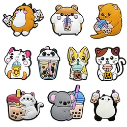 Sale 1Pcs Cute Milk Tea Cat Shoe Charms Pin for Croc Accessories DIY Shoe Wristband Decoration Kids Women Party X-mas Gifts