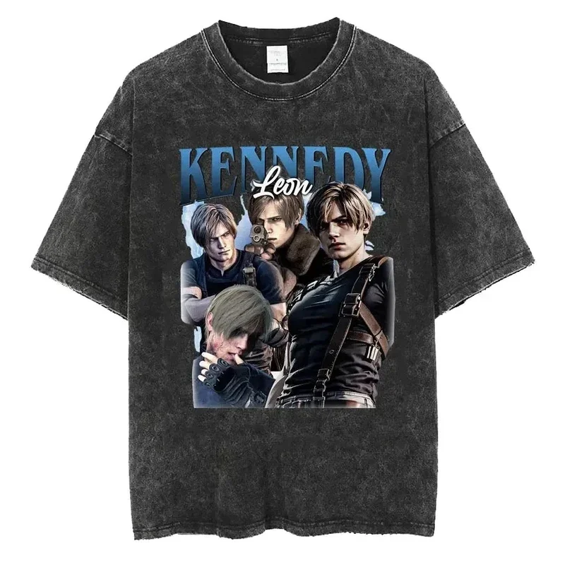 Leon S. Kennedy-Resident Evil Washed T Shirt for Men Fashion Aesthetic T Shirt for Men Retro Cool Street T Shirt Short sleeve