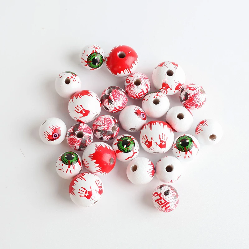 20pcs Wooden Halloween Beads Horror Eyes Ball Bead Wood Bloody Eye Bracelet Necklace DIY Accorrory Halloween Party Favors