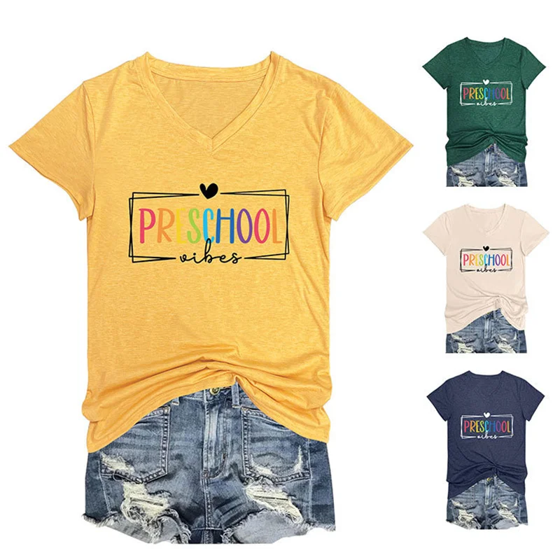 Summer new cotton vintage V-neck fashion women's short sleeve preschool vibes letter Print Comfort T-shirt top