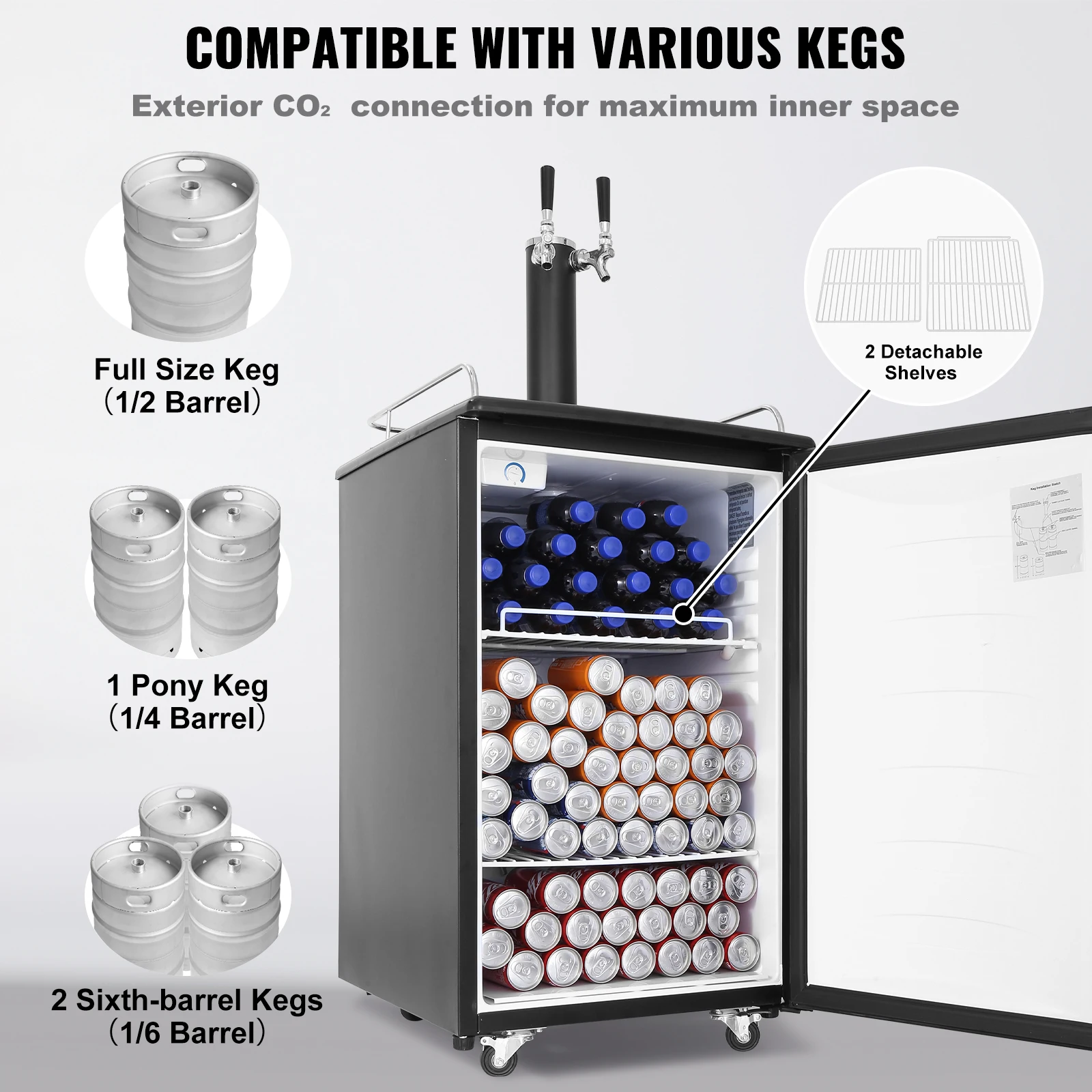 VEVOR Kegerator de cerveza, dispensador de cerveza de tiro de doble grifo, refrigerador de barril de tamaño completo con cilindro de CO2, estantes