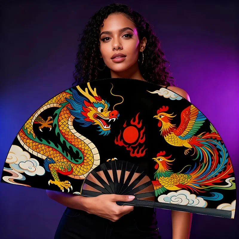 A Chinese Dragon and Phoenix Folding Fan - Large Hand-held Cooling Fan, Suitable for Weddings, Chinese New Year, Cultural Performances - Decorative Mythological Art Fan with Dragon and Phoenix Patterns