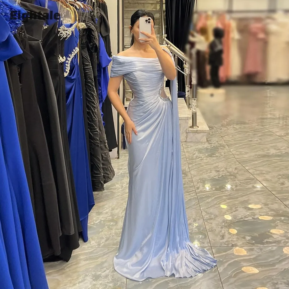 Eightale Avondjurken Strapless Plooien Vloerlengte Aangepaste Crêpe Lichtblauw Kralen Prom Party Jurk vestido de fiesta