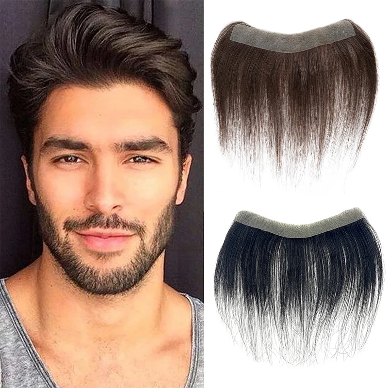 100 % Echthaar 6 Zoll Männer 4 #   Natürliche Farbe PU V-Loop Front Toupet Haaransatz Perücken Remy Haar Ersatz Gerade Haarteil