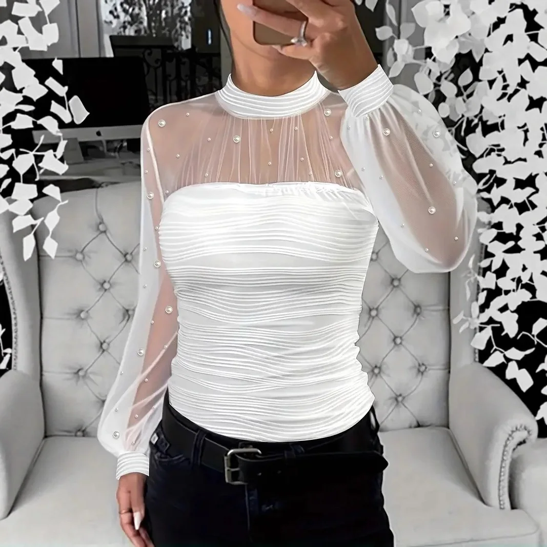 Moda pizzo in rilievo top camicette donna 2026 manica lunga elegante o-collo camicia allentata camicetta camicie casual primavera ufficio signore top