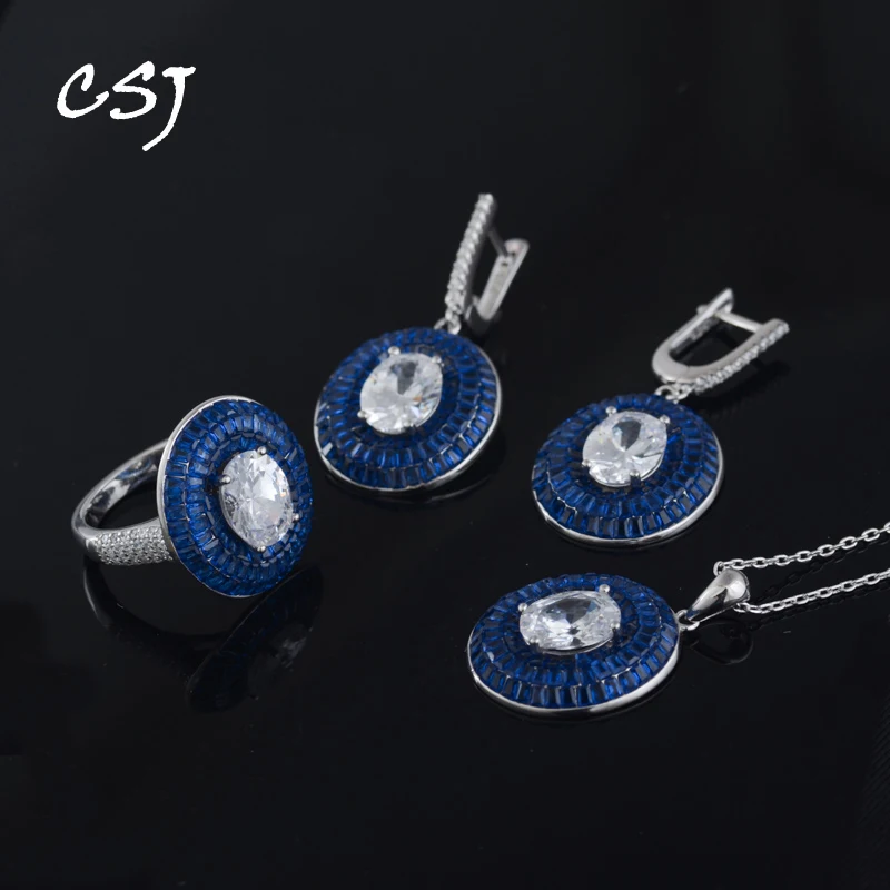 

CSJ Borderless Inlain Sapphire Jewelry Sets Sterling 925 Silver Created Gemstone Moissanite for Women Birthday Party Trendy Gift