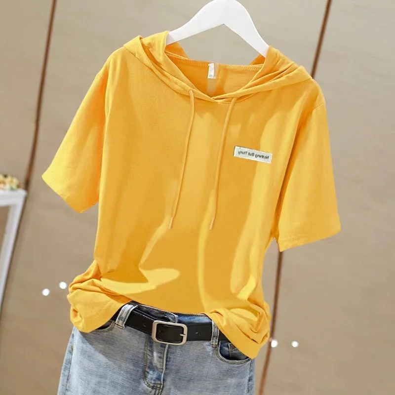 Women\'s 2024 New Summer Solid Color Letter Hood Pullovers Fashion Casual Loose Commuter Versatile Short Sleeve T-shirt Tops