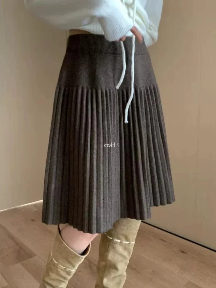 High Waist Knitted Plaid  Skirt Women's Coffee Color A-Line Skirt Slimming Effect Autumn Season Fashion Ladies Skirt