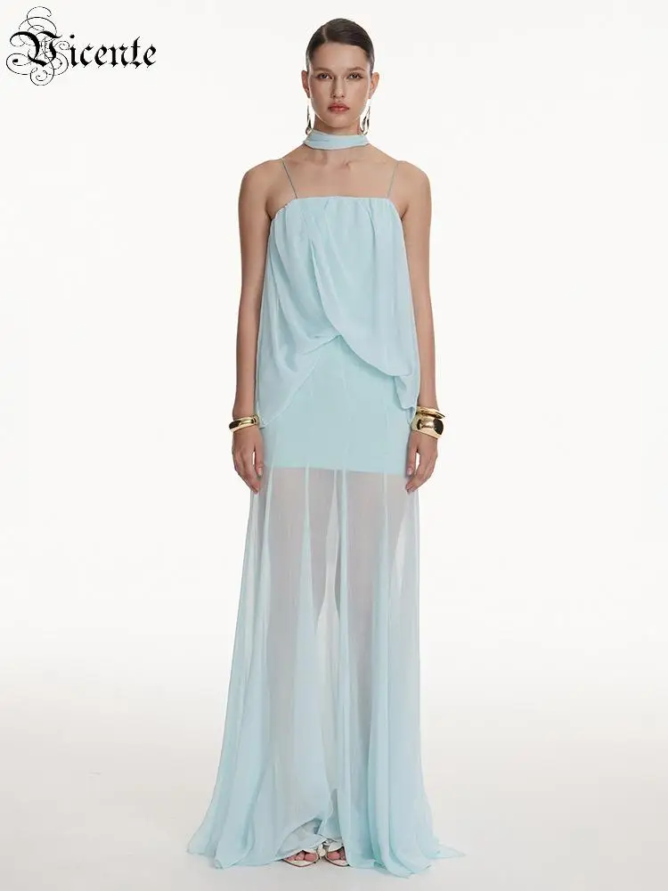VC Luxus Damen Maxikleid Elegantes Chiffon-Abendkleid mit Spaghettiträgern Ärmellos Transparentes Netz-Patchwork Langes Kleid