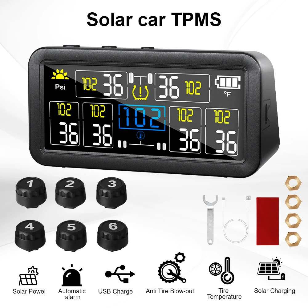 

4/6 External Sensors Digital LCD Display Solar TPMS Car Tire Pressure Alarm Waterproof 0~9.9Bar Truck RV
