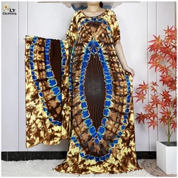 2024 Summer Fashion Party Dress With Big Scarf Printing Floral Short Sleeve Loose Woman Maxi Islam African Women Abaya Clothing