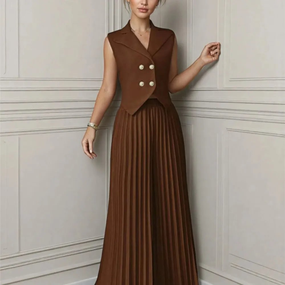 ノースリーブベストとゆったりプリーツパンツのツーピースセット 春夏 レディース新作ファッションパンツセット Conjuntos De Pantalones 신상투피스