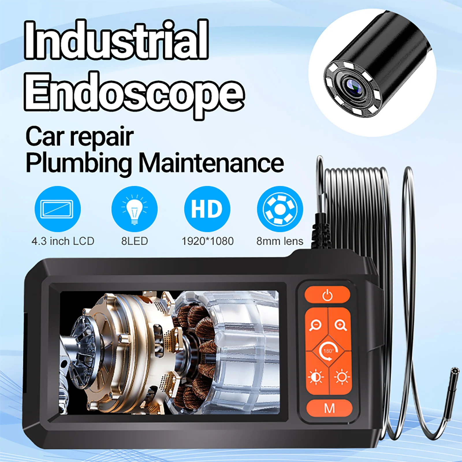 المنظار الصناعي 8 مللي متر 1080P HD 4.3 بوصة LCD كاميرا فحص Borescope الرقمية IP67 كاميرا ثعبان مقاومة للماء مع 8 مصابيح LED