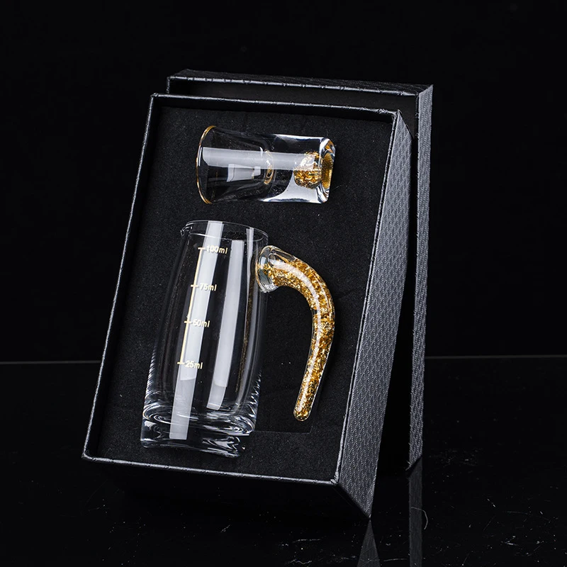 2/7pcs Crystal Glass Short Cup Gift Box Set Lead Free Liquor Glass With Wine Dispenser Golden Vodka Brandy Wine Glasses Soju Cup