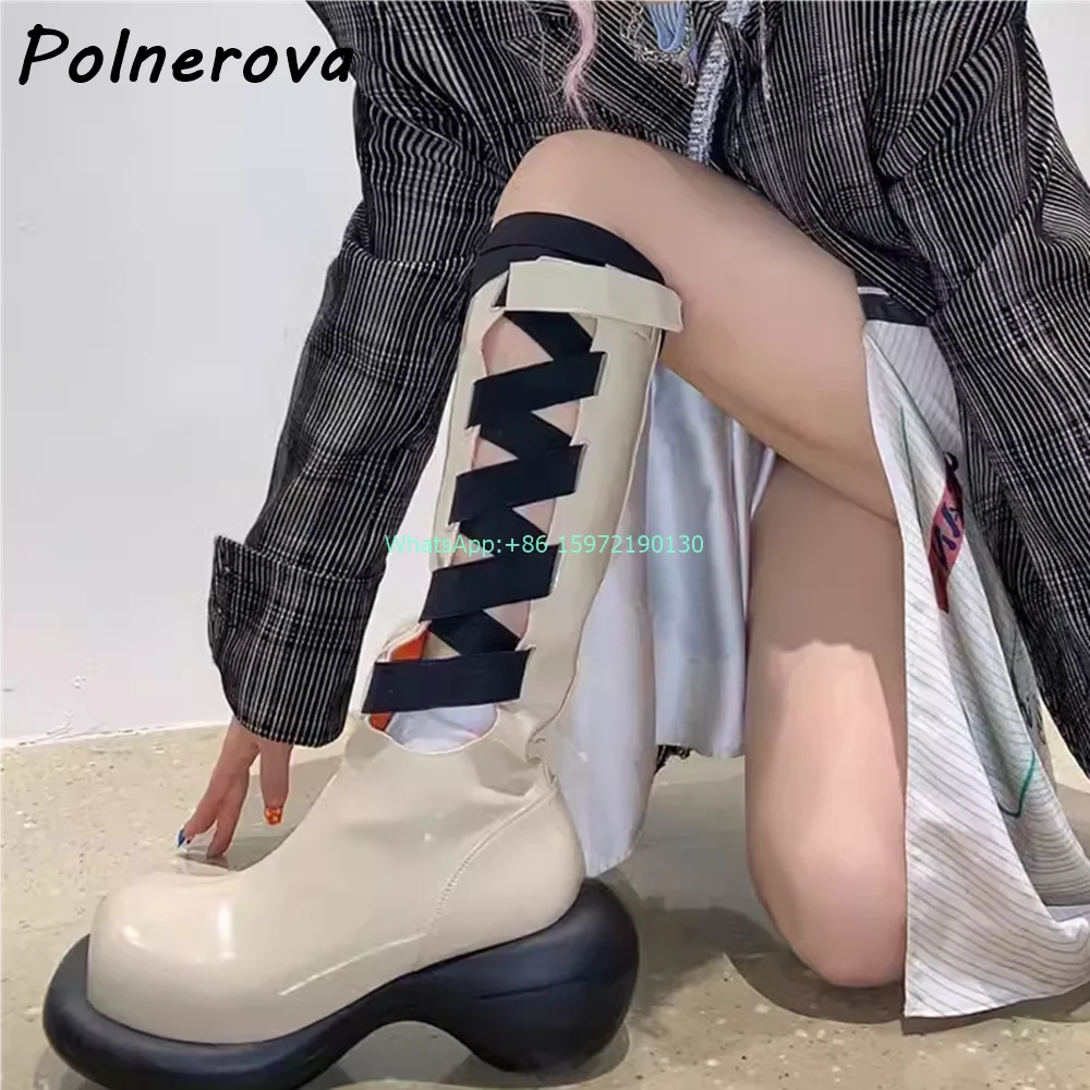 

Hollow Cross Tied Knee High Boots Mixed Color Square Zipper Thick Soled British Style Shoes Women's Fashion Leisure Shoes