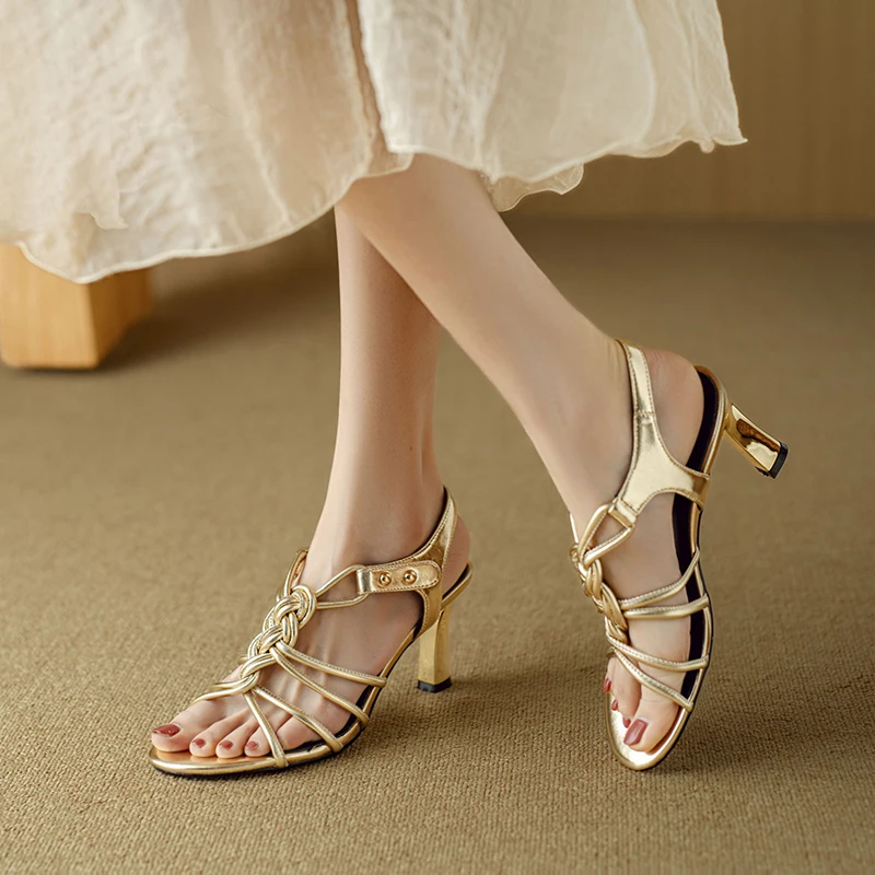 

Handmade Genuine Leather Pointed Open Toe High Heels Weave Women Sandals Elegant Gold Women pumps fashion Women Shoes