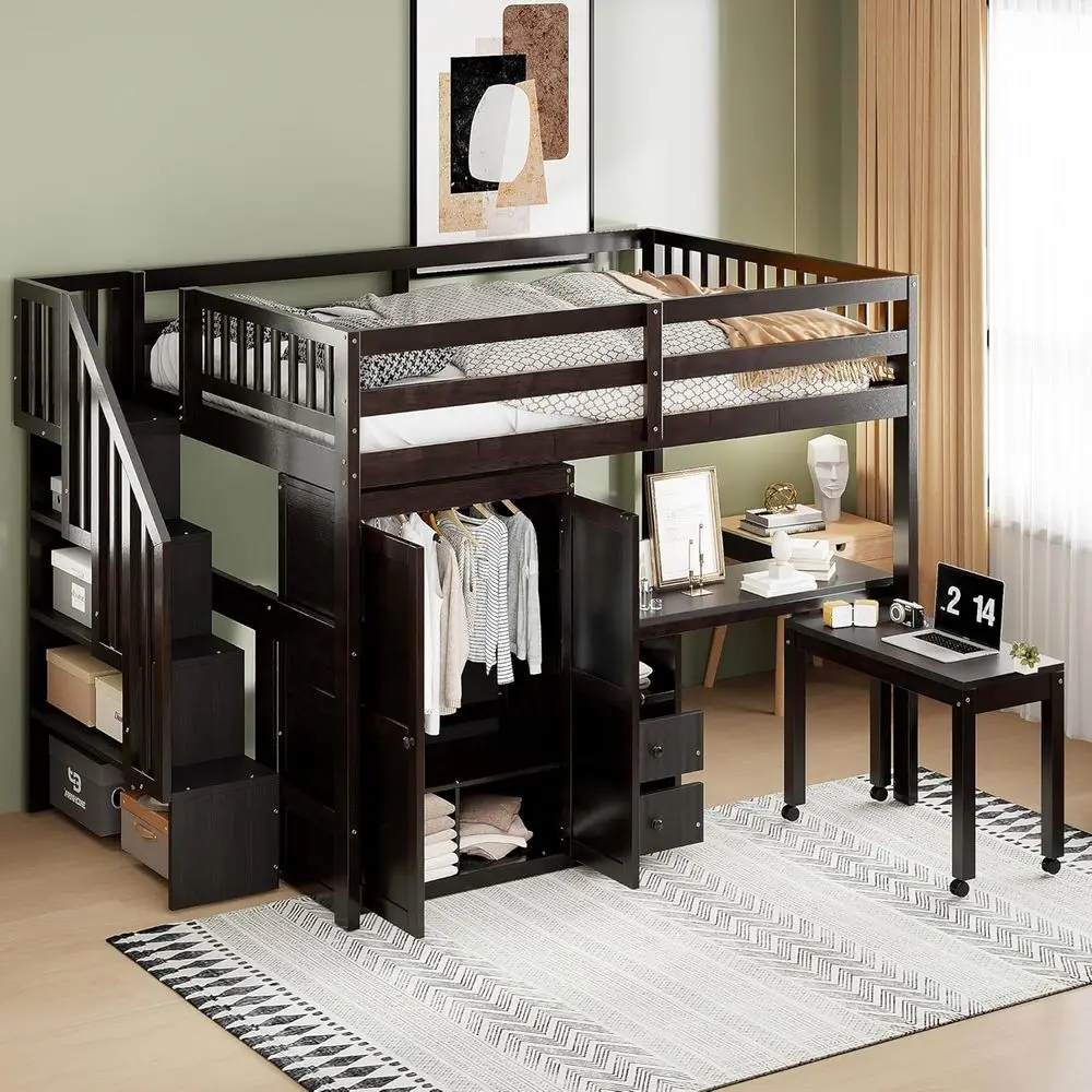 Solid Wood Loft Bed with Desk, Wardrobe, and Storage Stairs - Safety Rails Included for Kids, Teens, and Adults - No Box Spring
