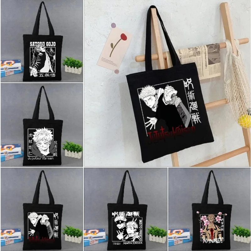 

Черные сумки на плечо японского аниме Gojo Satoru Jujutsu Kaisen, повседневная сумка для девочек, холщовая сумка для хранения с героями мультфильмов, большая сумка-шоппер