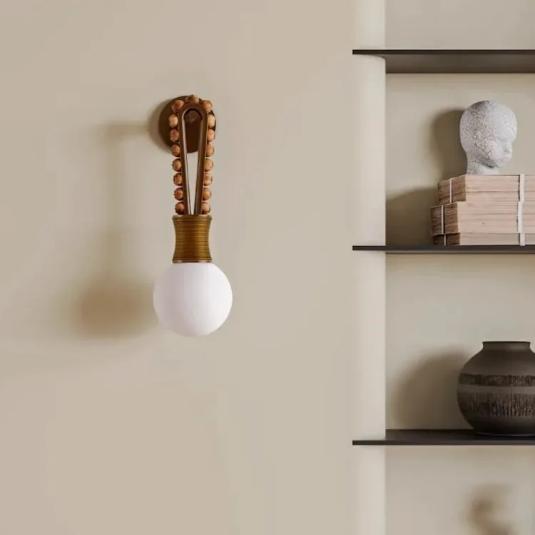 Vintage Brass Agate Stone Bead Wall Sconce Bauhaus Mid Century Wall Lamp Frosted Glass Globe Bedside Hallway Decor Wall Light fo