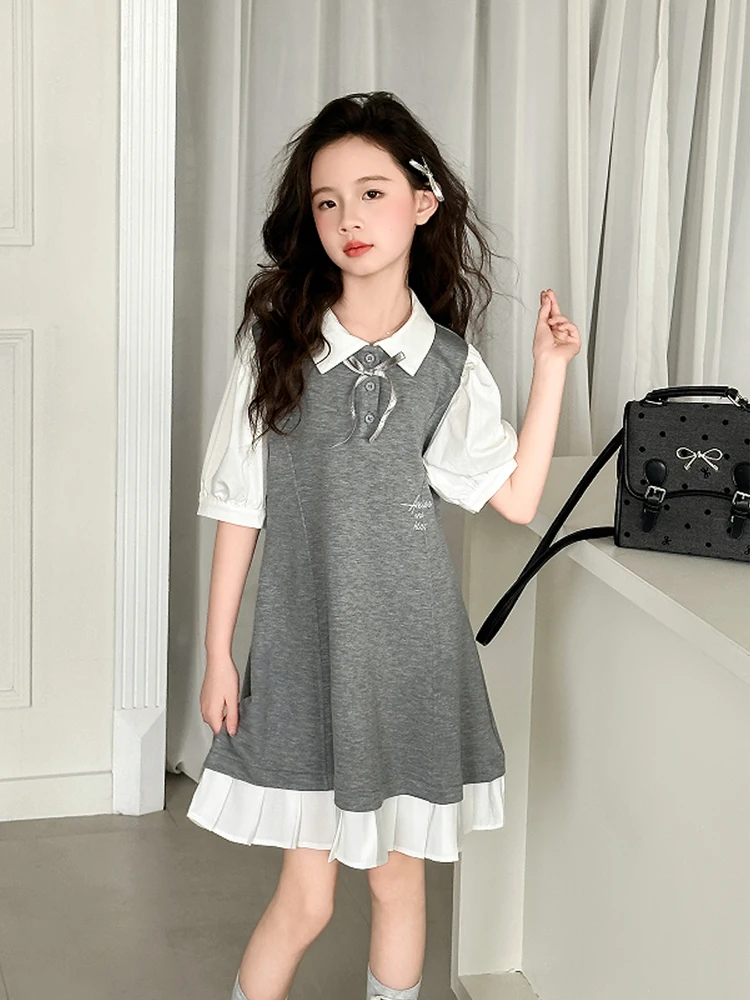 女の子用サマースクールスタイルワンピース-半袖ミディ丈プリンセススカート-ソフトコットン-デイリーウェア-快適で通気性のある-洗濯機で洗える