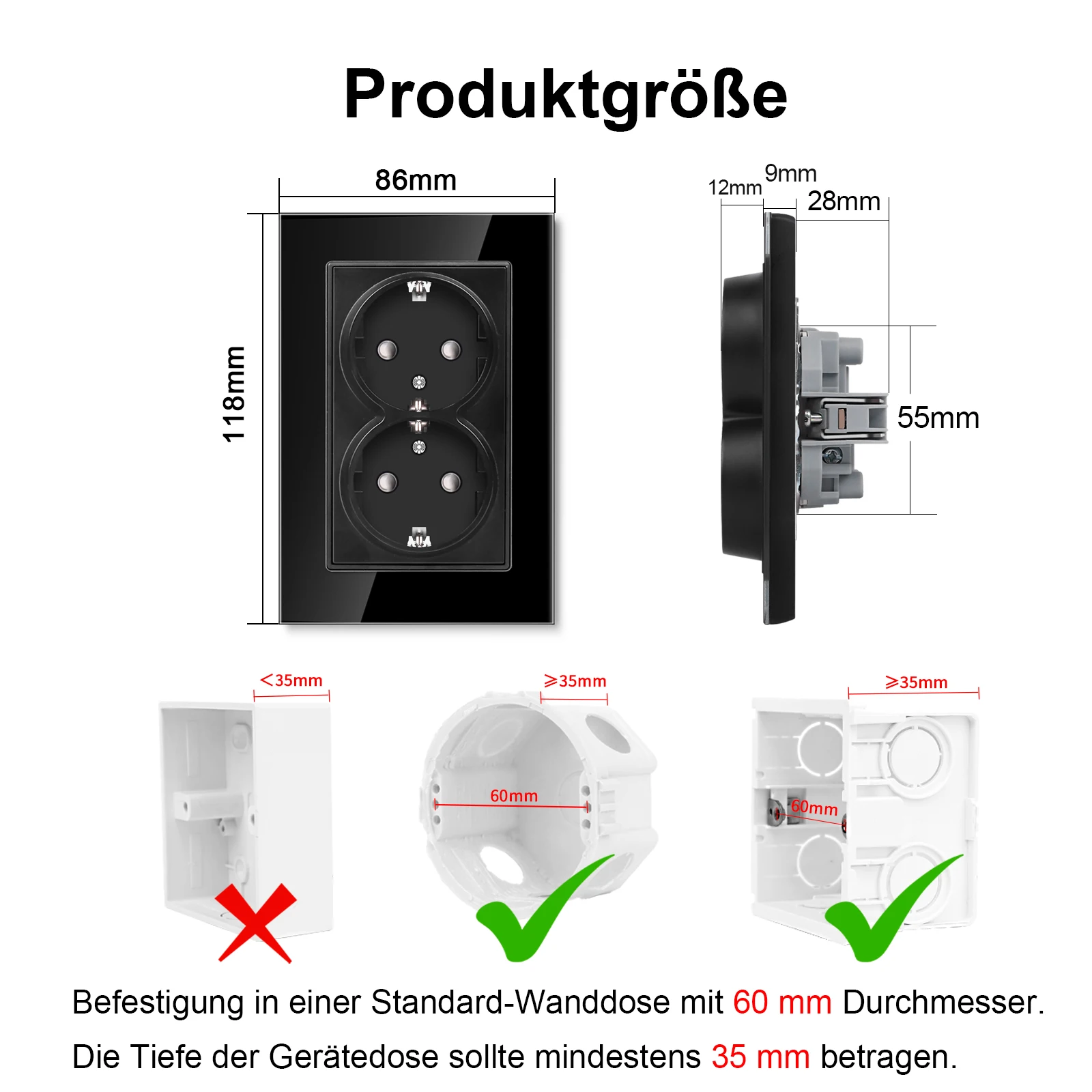 EU Standard Double Power Socket Usb Wall Sockets Triple Wall Sockets Grounded,Black Glass Socket with 1way Push Switch 16A 220V.