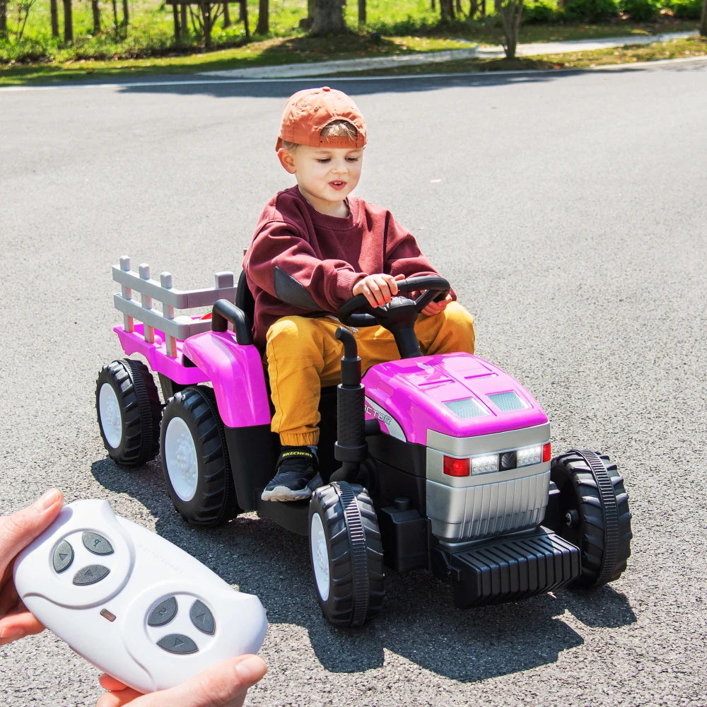 Pink, 12V7AH Battery-Powered Toy Tractor with Trailer, Remote Control, Kids' Electric Excavator Vehicles Treaded Tires