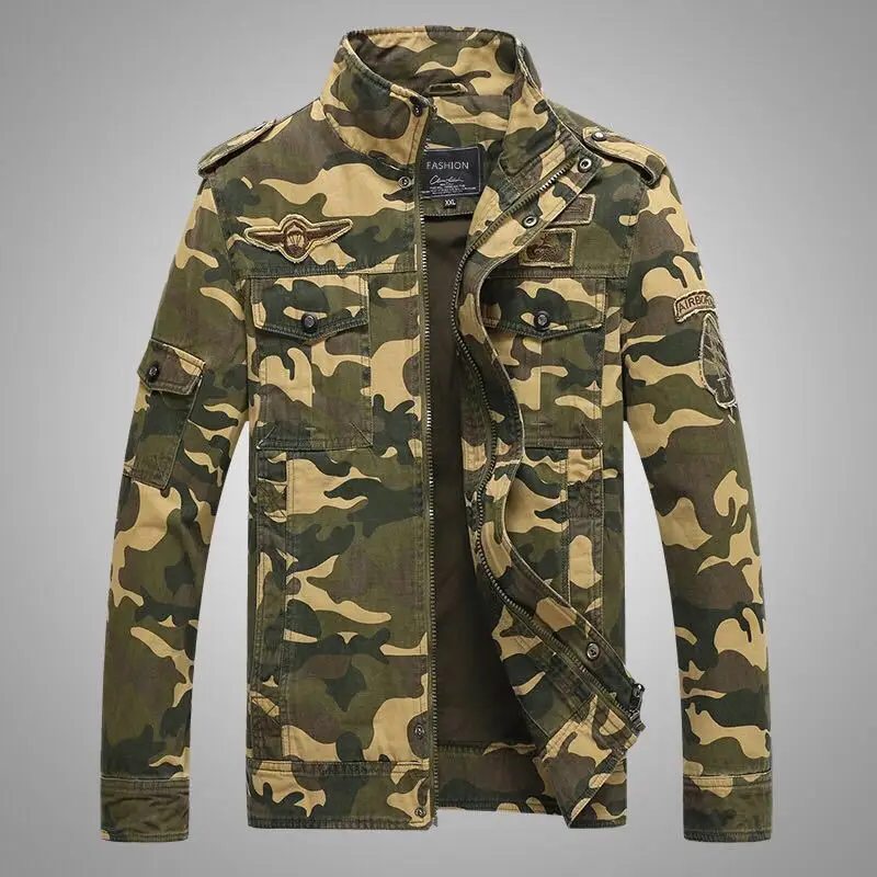 MaiDangDi Camouflage Workwear Flying Coat Men's Loose Standing Collar Casual Embroidered Badge Trendy Jacket for Men