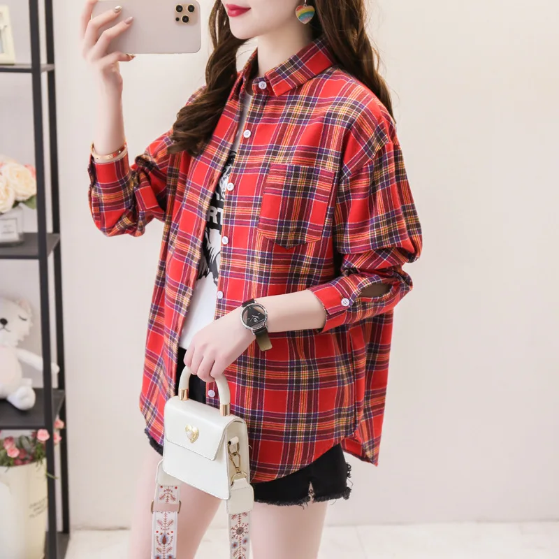 2024 New Loose Design Cotton Plaid Shirt Women Young Style Long Sleeve Blouses Casual Shirts Lady Tops Clothes Blusas