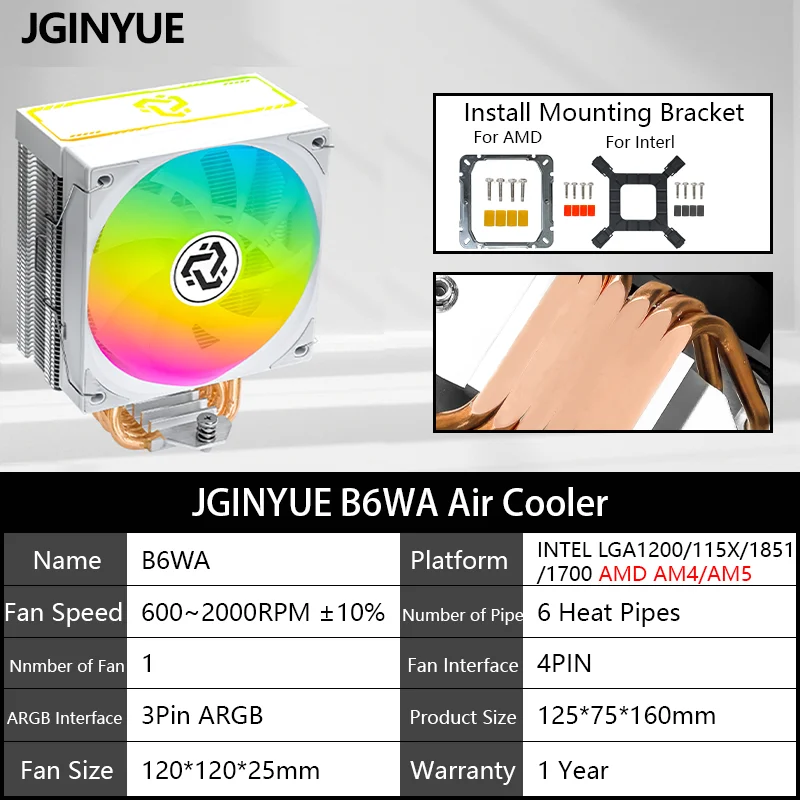 �y�Z�[�����zJGINYUE B6WA 6�q�[�g�p�C�vCPU�G�A�N�[���[ TDP 150W CPU�p �}�U�[�{�[�hLGA1200/115X/1851/1700�����AMD AM4/AM5�\�P�b�g�Ή�