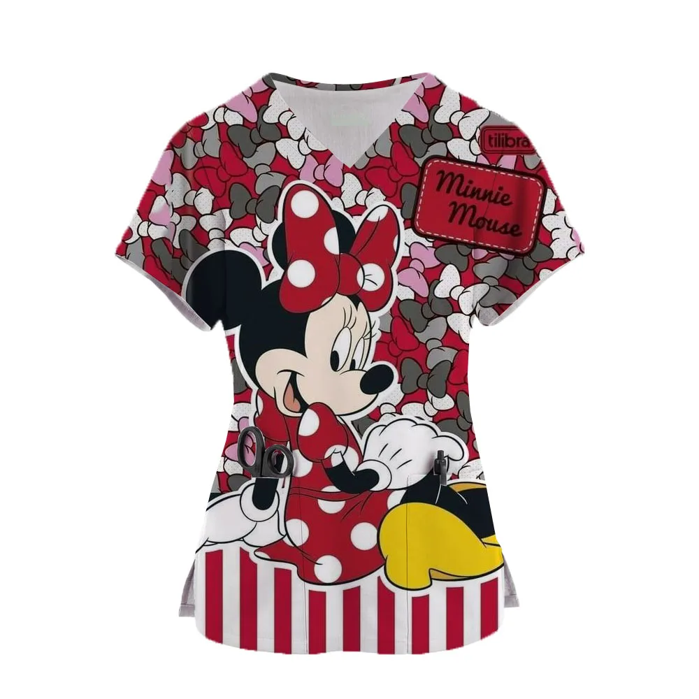 

Women Disney Mickey Mouse Print Nurse Uniform Summer Short Sleeve Tops Nursing Working Uniform T-shirts Clinic Protective Tee