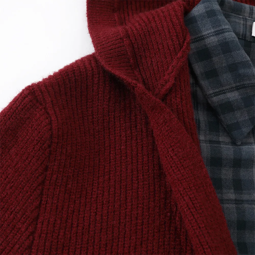 Maglione con cappuccio a quadretti a blocchi di colore falso in due pezzi Uomo Donna Autunno Inverno Casual Colletto della camicia allentato Maglione lavorato a maglia