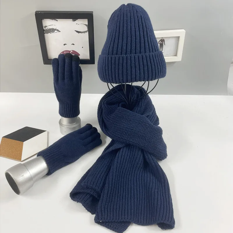 Winter Knitted Hats Warm Gloves Scarves Fashion Women 3Pcs Outdoor Thicken Fleece Cold Protection Scarf Suits Solid Simple Glove