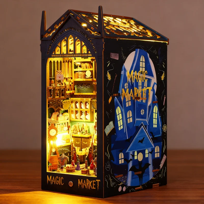 OUZEY Podpórka do książek Ulica Czarów, Drewniany Mini Market 3D, Magiczny Bazar DIY dla Nastolatków