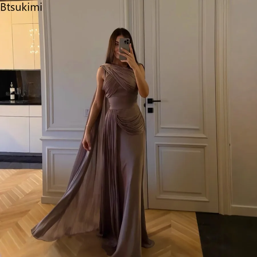 

2026 Women Fashion Cross Pleat Fluttering Long Dress Casual Sleeveless Lace-Up Party Gown Elegant Satin Evening Dress Femme Robe