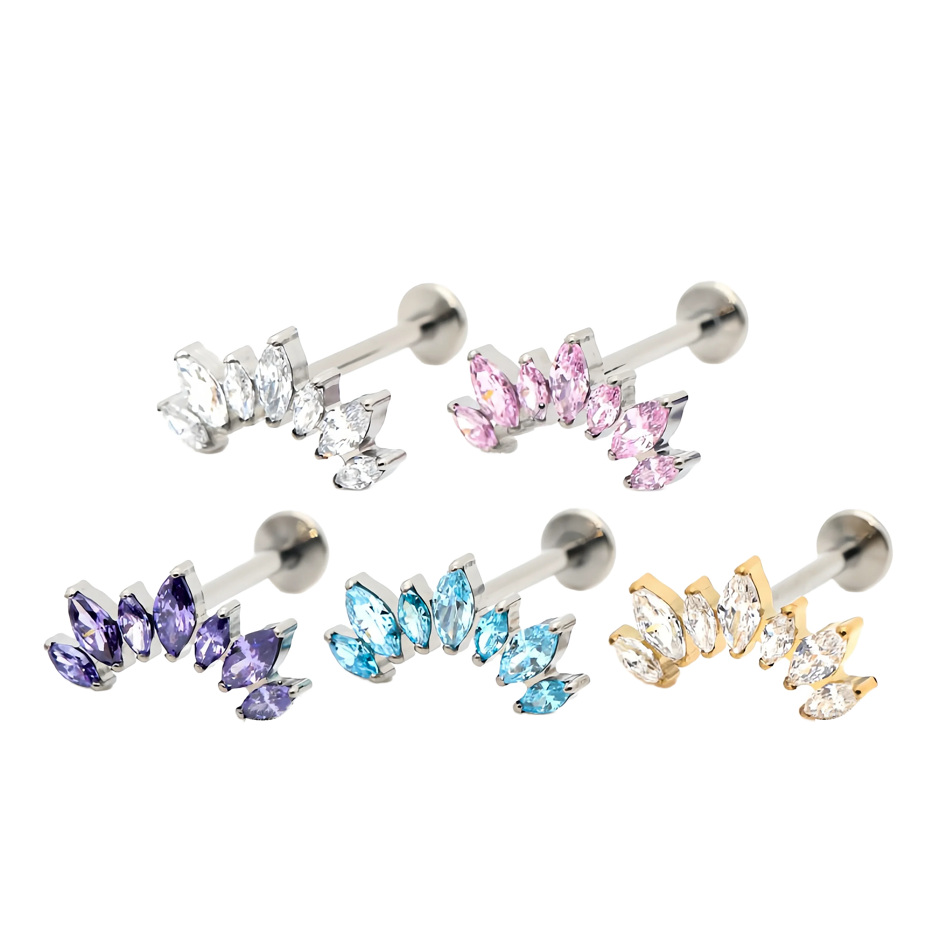 G23 Titan-Lippenringe Marquise CZ mit flacher Rückseite, innen gewindet, Labret, Tragus, Helix, Knorpelohrringe, Schmuckzubehör – Detail 3