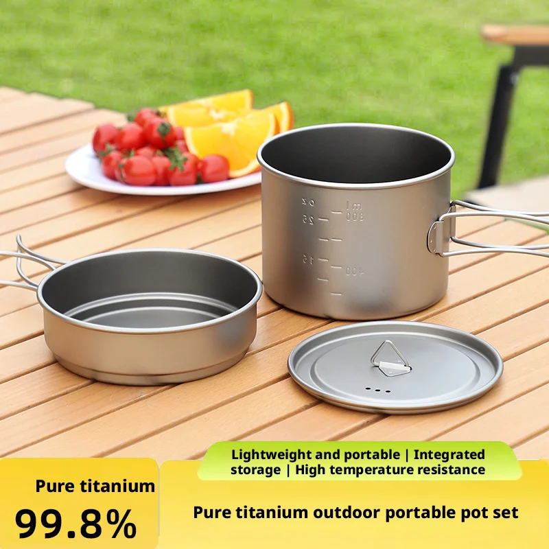 

Titanium Folding Handle Camping Pot Frying Pan Set Lightweight Portable Cookware Equipment For Outdoor Hiking Picnic
