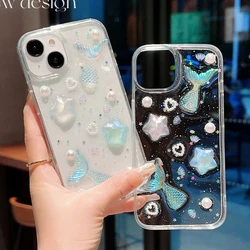 3D Epoxy Star Mermaid Fish Tail Case For iPhone 15 14 13 12 11 Pro Max XS XR  Plus Mini SE Clear Soft TPU Cover Skin