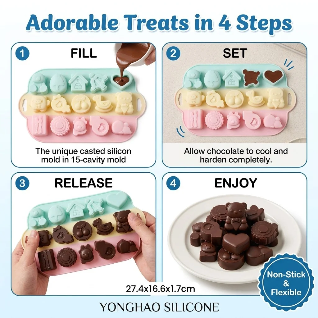 15 Cavity Mixed Cartoon Silicone Mold Bear Heart Duck Cherry Shape Mould Non‑Stick For Chocolate Candy Jelly Soap Cake Pan
