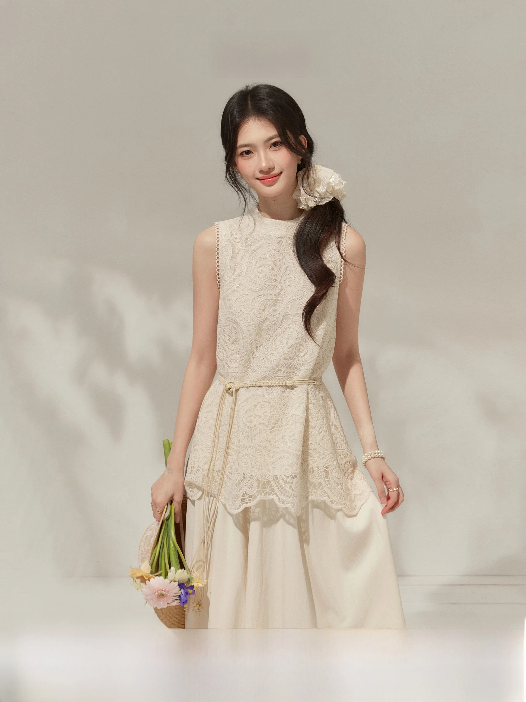 

Elegant Lace Splice Vest Skirt Set Women's Fashion Summer Outfit by Wang OuXǐ Three-Piece Set Waist Rope Included
