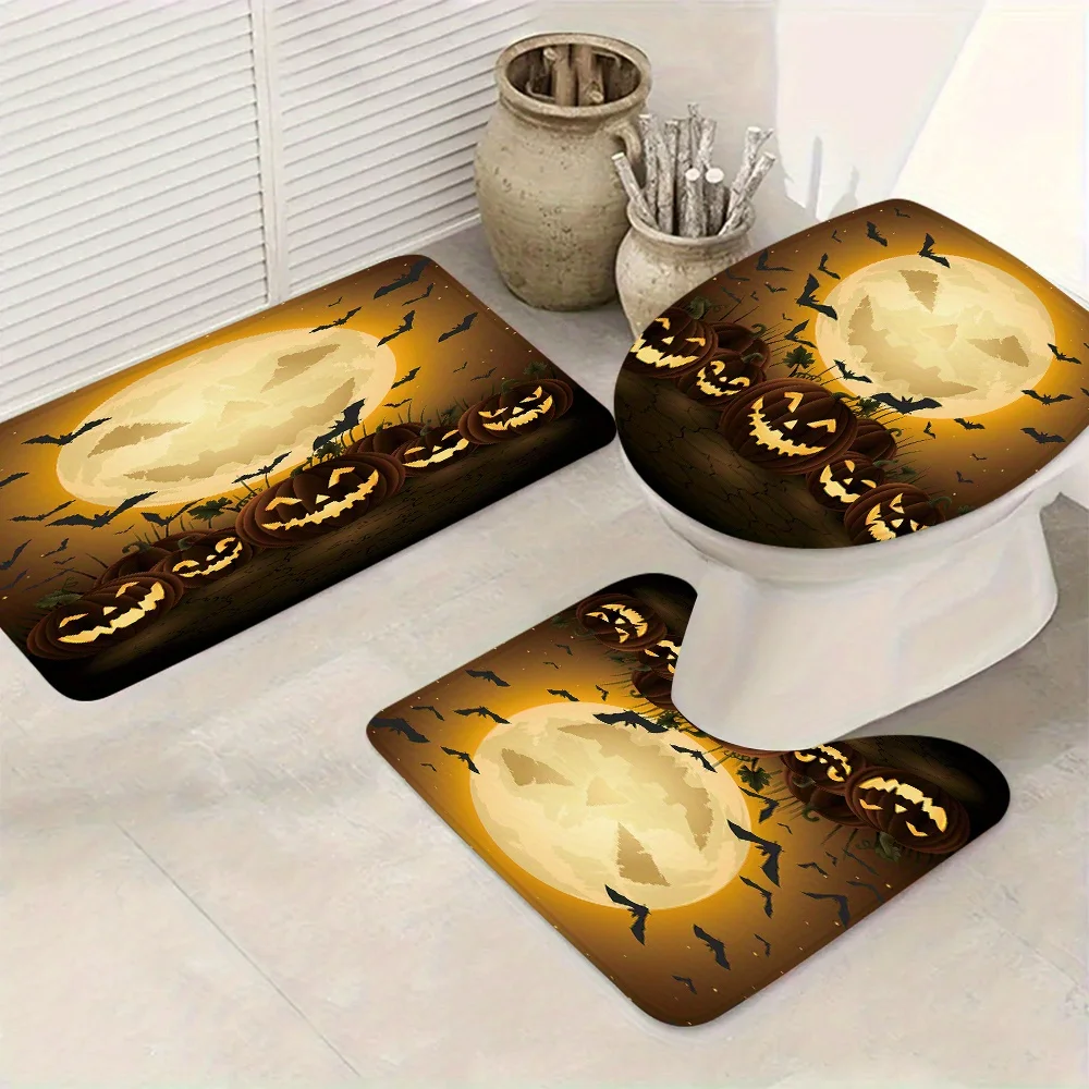 

3-piece Halloween bathroom decoration, polyester fabric, machine washable, non-slip mat, toilet floor mat, U-shaped mat
