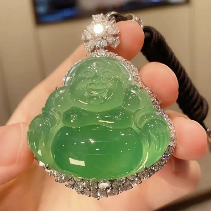 Natural A-grade Burmese high , ice- jadeite with 18k gold inlay, glass-type jade Buddha pendant