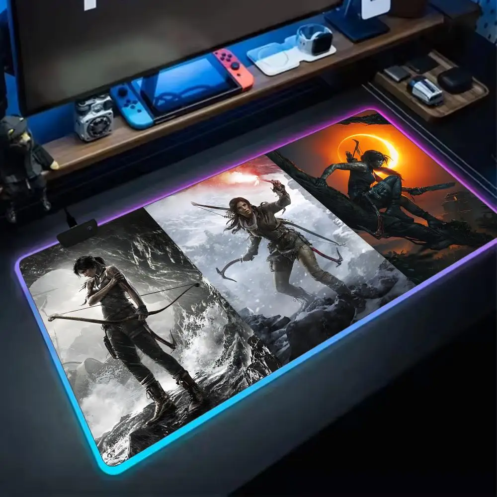 Tomb Raider Mouse Pad RGB Extra Large Mouse Pad for Gaming, Smooth Surface, Non-Slip, Customizable Lights