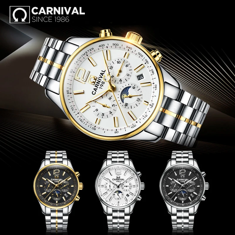 CARNIVAL IW For Mens Watch Automatic Mechanical WristWatch Six Pins Moon Phase Date Luminous  Stainless Steel Case Sport Relogio